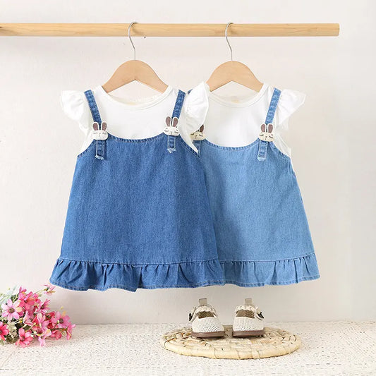 Piece Girl's Outfit – Ruffle Sleeve Top & Denim Overall Dress