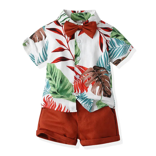Tropical Baby Boy Outfit – Short Sleeve Shirt with Bowtie & Shorts