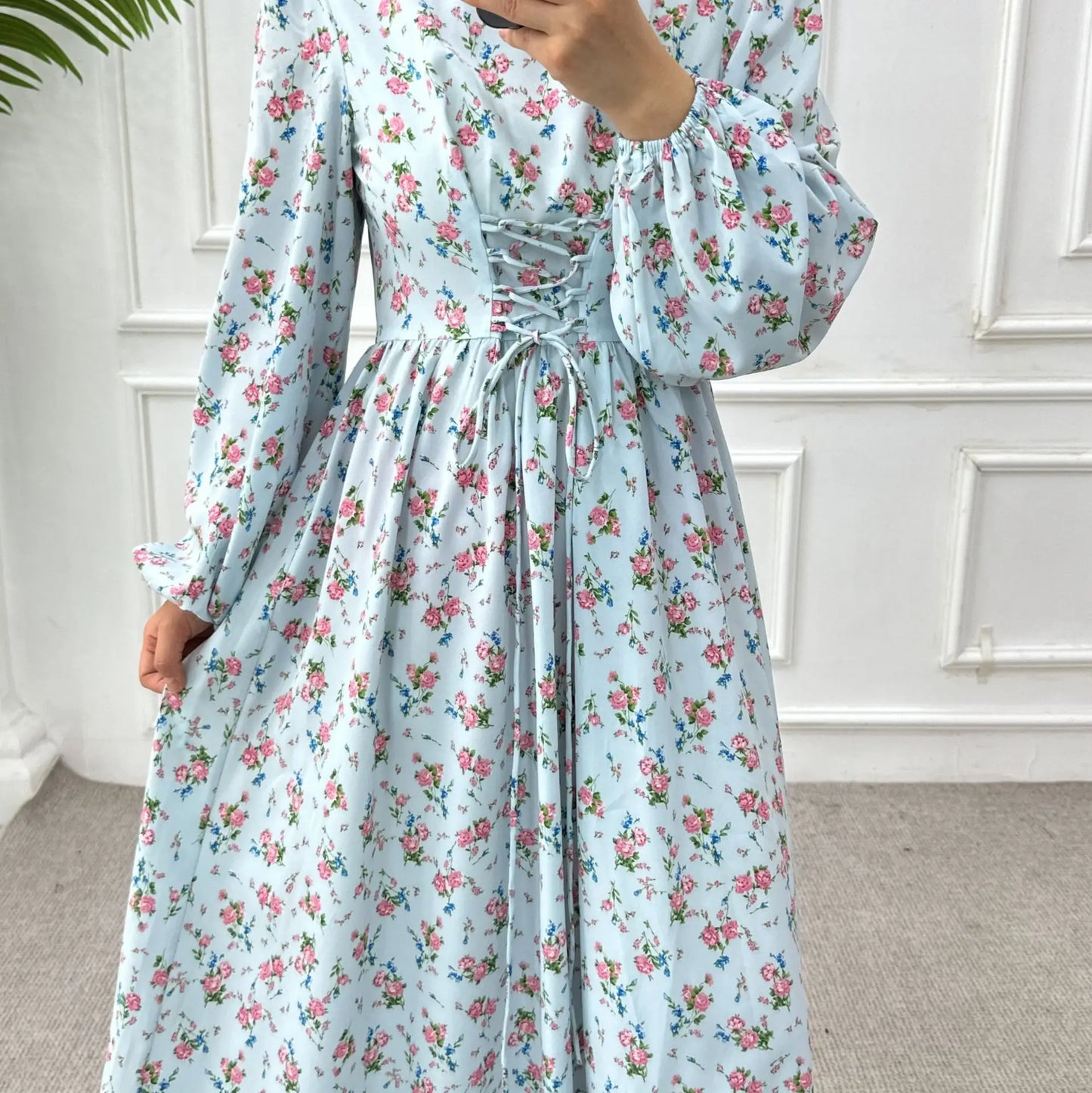 Women’s Floral Maxi Dress – Long Sleeve & Waist Tie Design