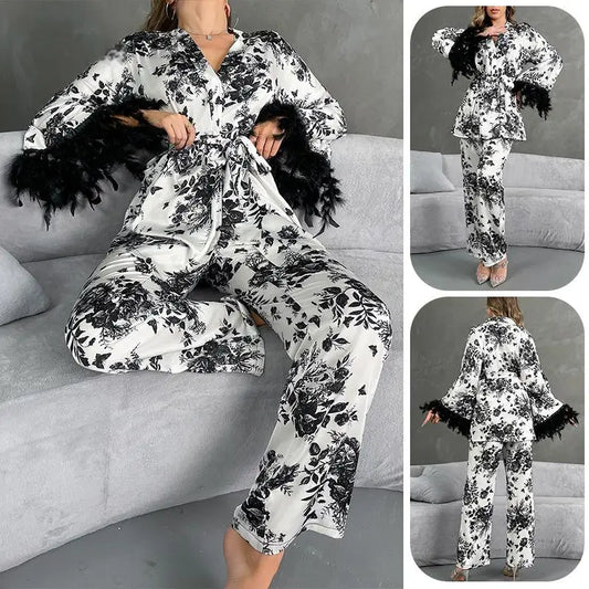Women’s 2-Piece Satin Lounge Set – Feather Trim Kimono Top & Wide Pants