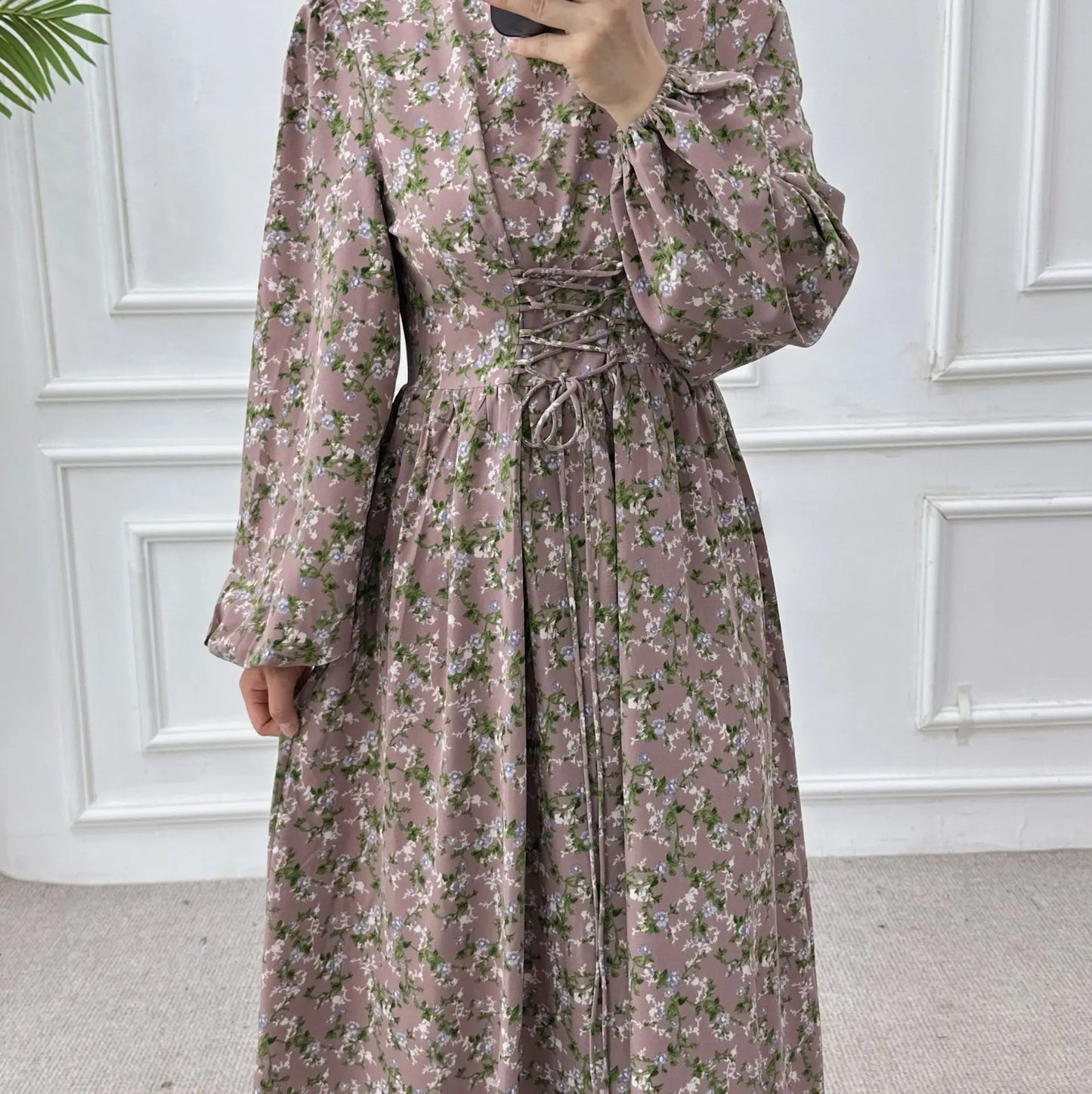 Women’s Floral Maxi Dress – Long Sleeve & Waist Tie Design
