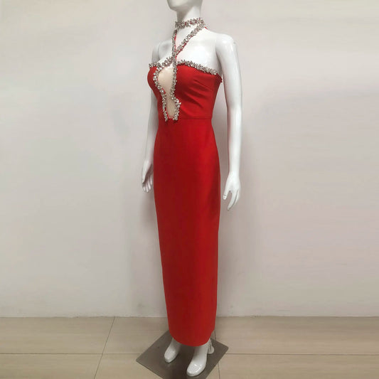 Luxury Red Crystal Embellished Evening Dress