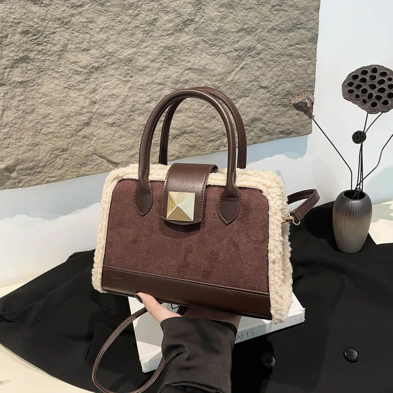 Trendy Structured Handbag – With Shearling Trim & Statement Hardware