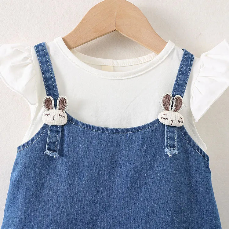 Piece Girl's Outfit – Ruffle Sleeve Top & Denim Overall Dress