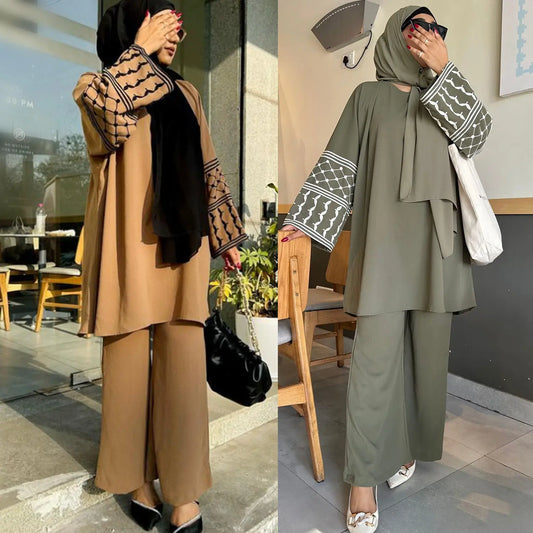 Modest Two-Piece Set with Embroidered Sleeves & Solidarity Tote Bag