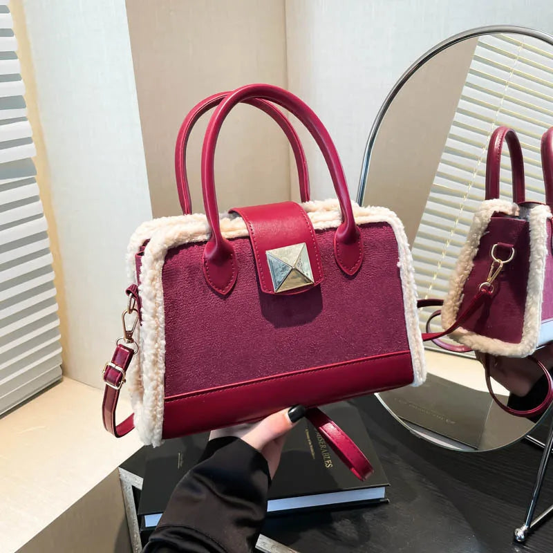 Trendy Structured Handbag – With Shearling Trim & Statement Hardware