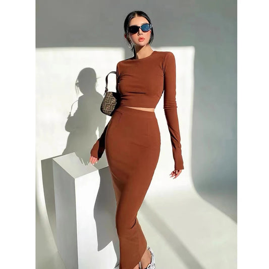 Women’s 2-Piece Bodycon Set – Long Sleeve Crop Top & Maxi Skirt
