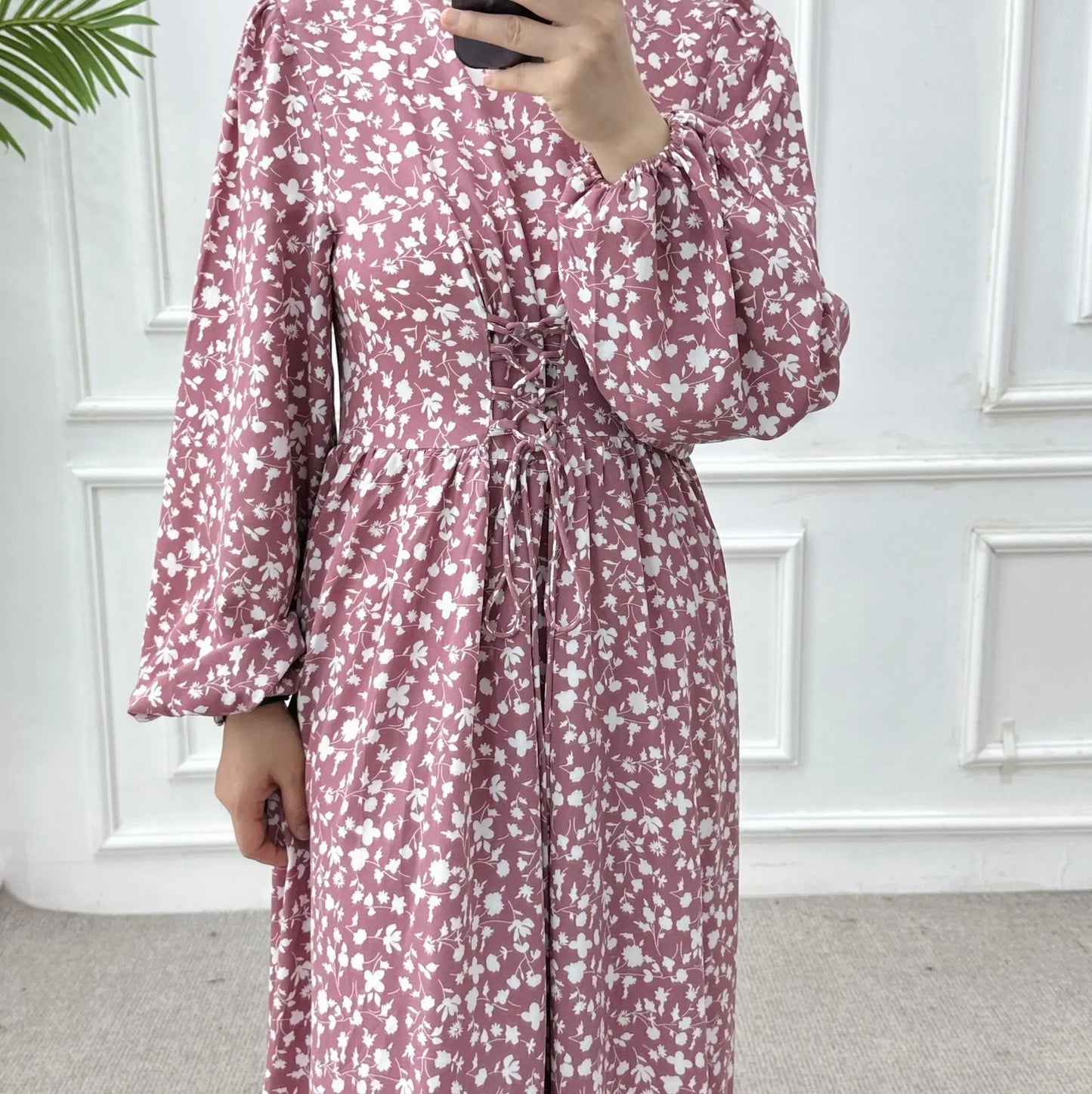 Women’s Floral Maxi Dress – Long Sleeve & Waist Tie Design