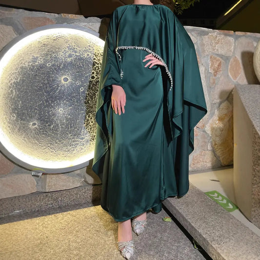 Luxury Satin Abaya with Pearl Trim – Flowing & Elegant