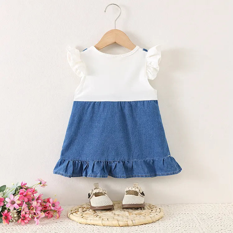 Piece Girl's Outfit – Ruffle Sleeve Top & Denim Overall Dress