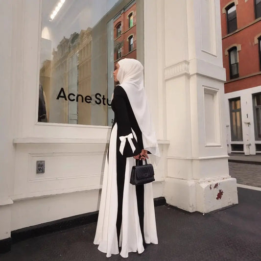 Modern Black & White Flow Abaya with Waist Design