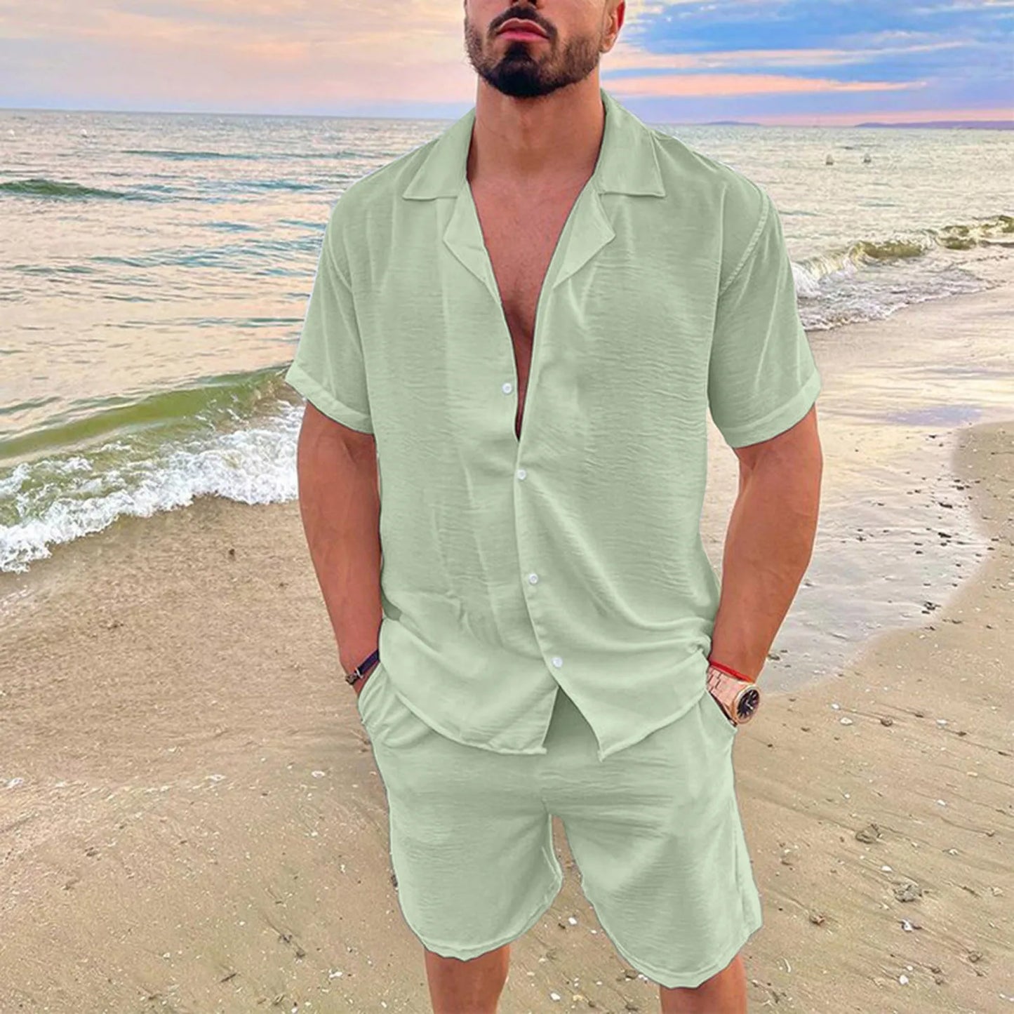 Men's Summer Casual Set – Short Sleeve Shirt & Shorts 2-Piece Outfit