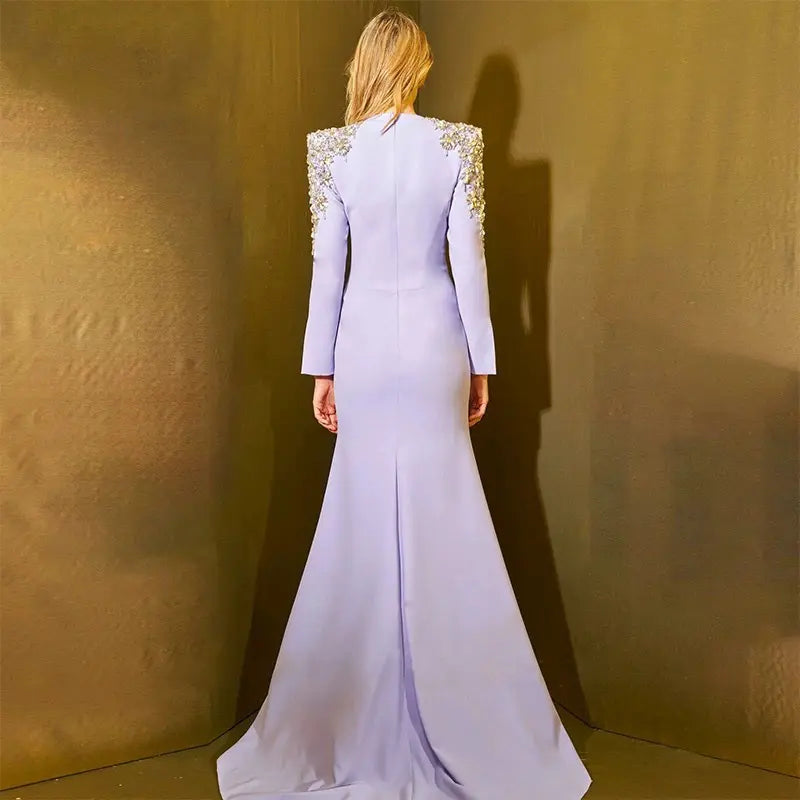 Royal Lilac Embellished Shoulder Evening Gown