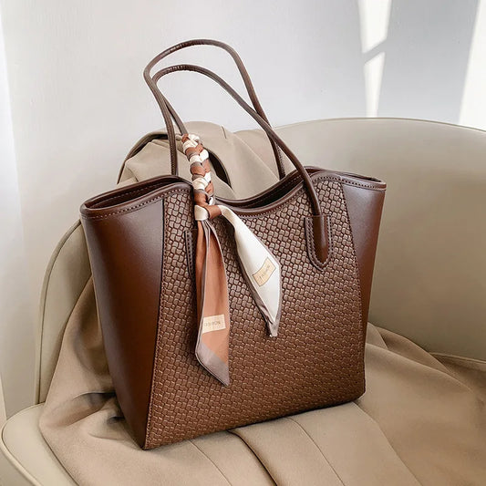 Elegant Woven Tote Bag with Scarf Accent – Spacious & Stylish