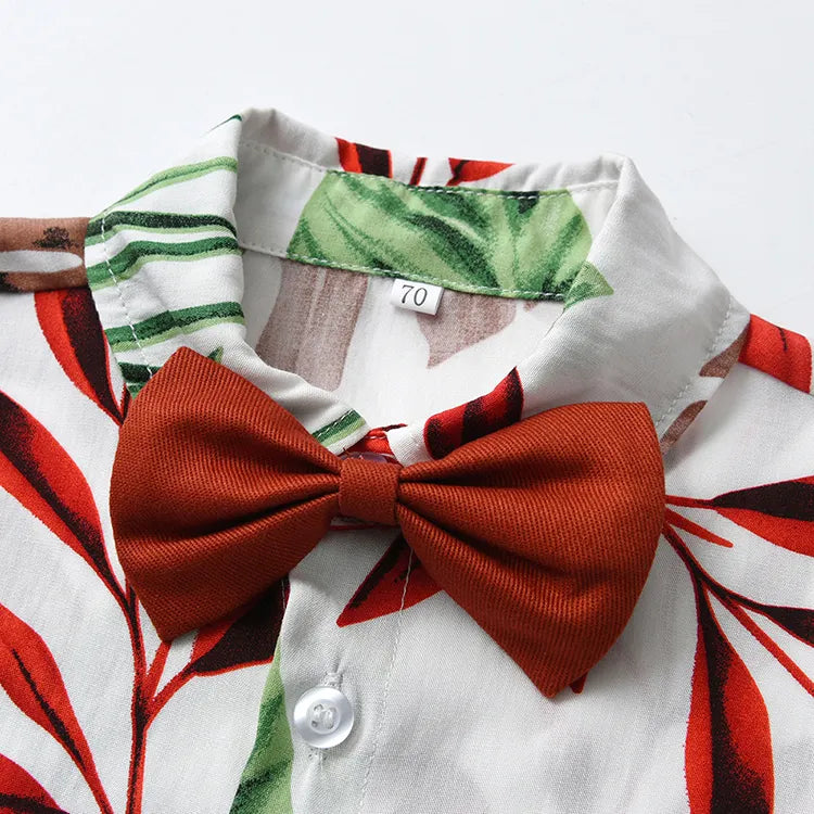 Tropical Baby Boy Outfit – Short Sleeve Shirt with Bowtie & Shorts