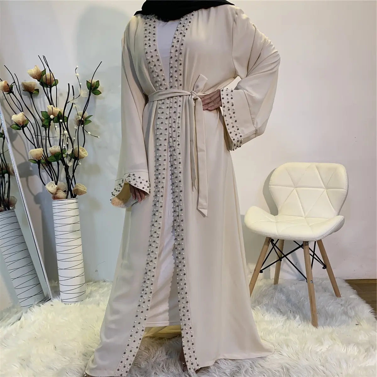 Elegant Open Abaya with Pearl Embellishments