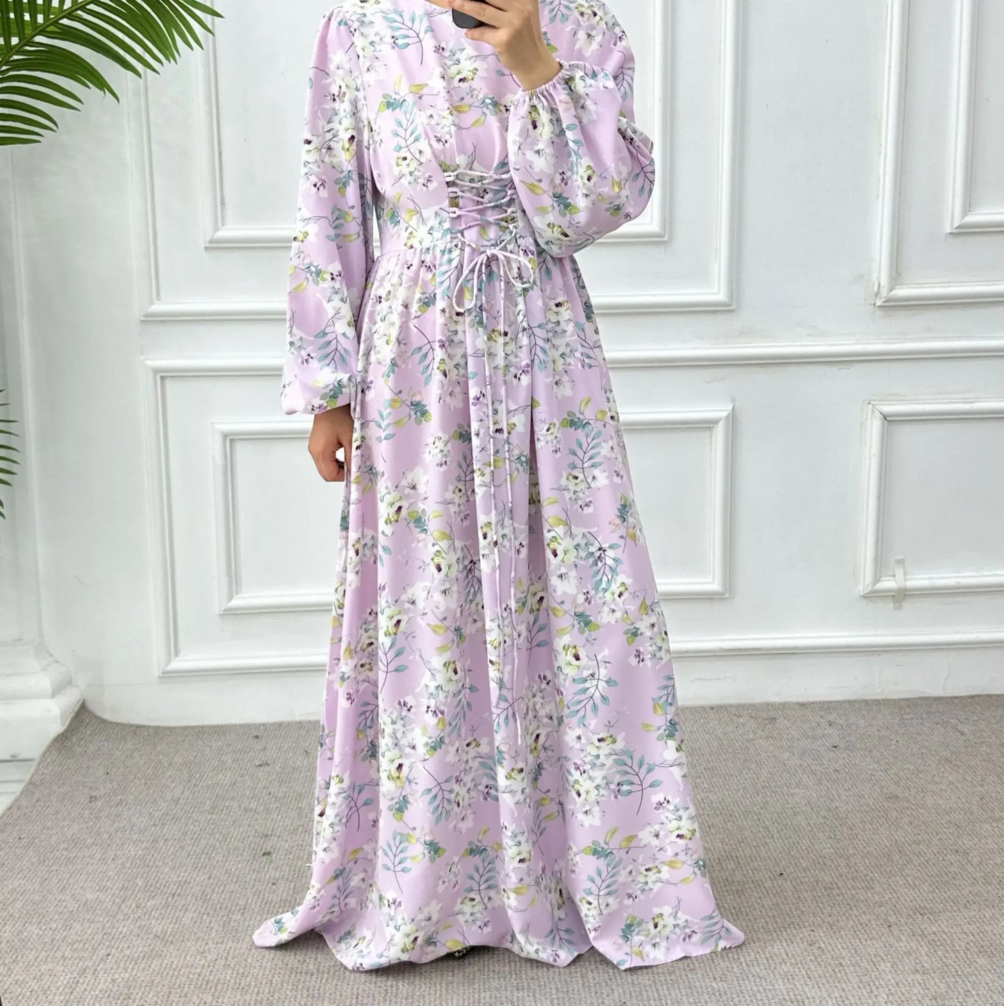 Women’s Floral Maxi Dress – Long Sleeve & Waist Tie Design