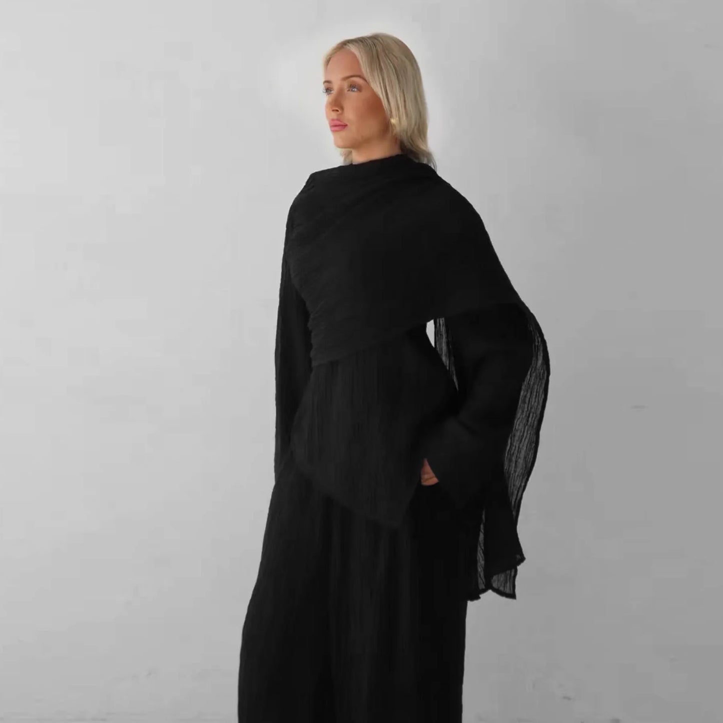 Women’s Modest 2-Piece Crinkled Set – Oversized Top & Wide-Leg Pants