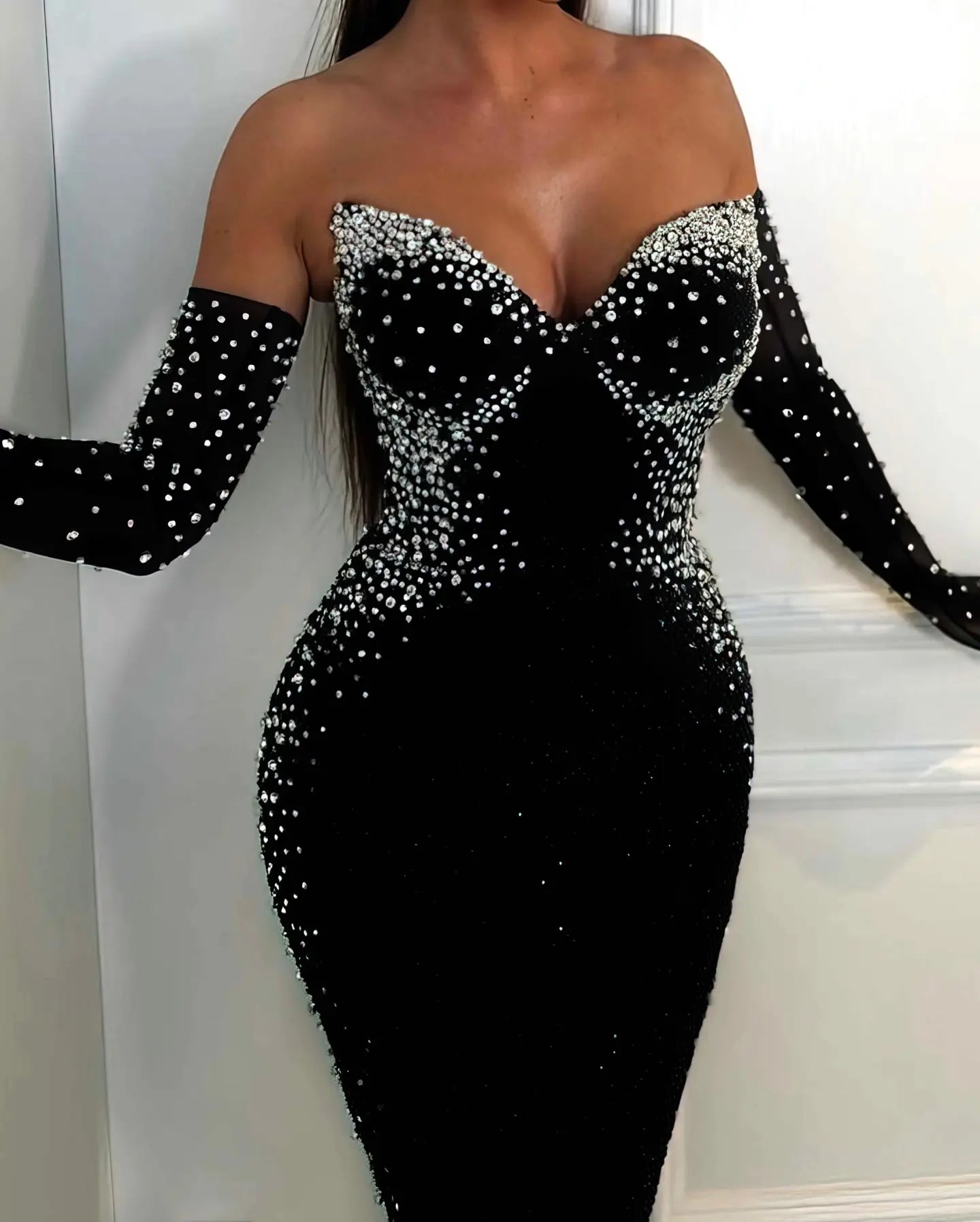Glamorous Off-Shoulder Black Gown with Crystal Embellishments