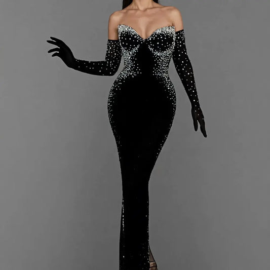 Glamorous Off-Shoulder Black Gown with Crystal Embellishments