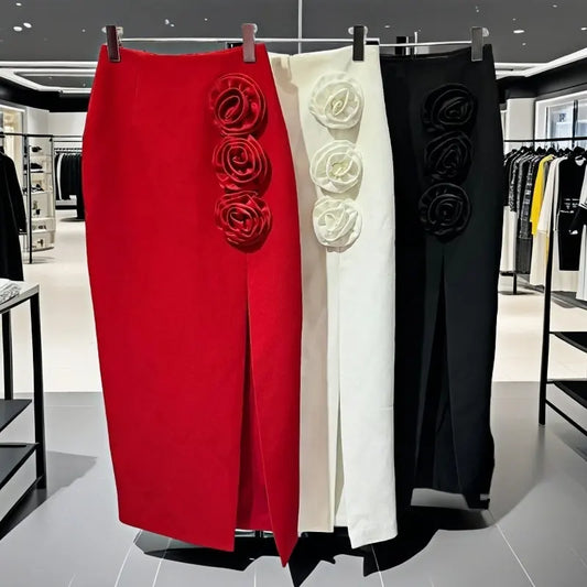 Elegant High-Waist Rose Detail Skirt – Available in Red, White & Black