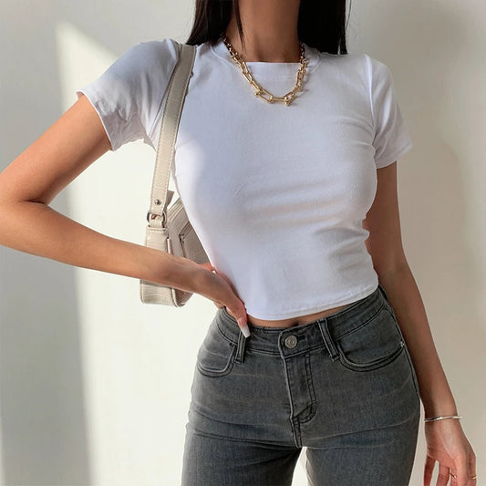 Women’s Basic Ribbed Crop Top – Short Sleeve Stretch Fit