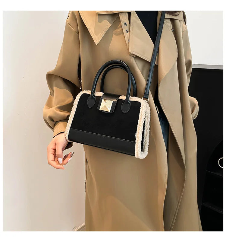 Trendy Structured Handbag – With Shearling Trim & Statement Hardware