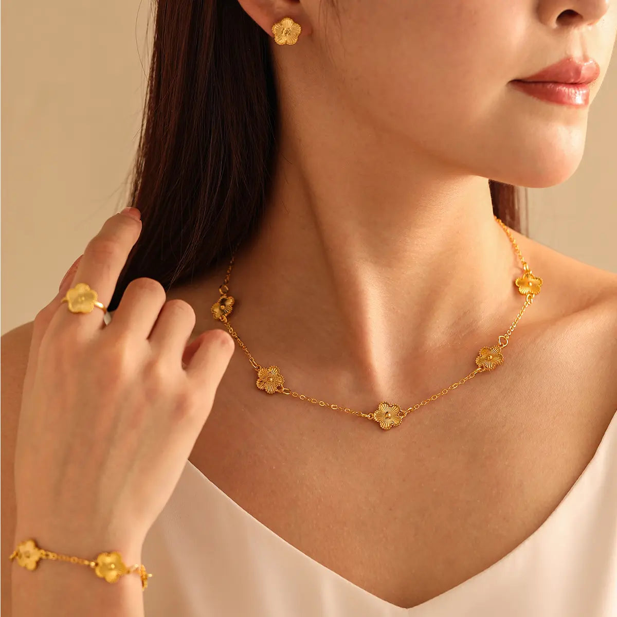 Floral Jewelry Set – Bracelet, Ring & Earrings | Gold & Silver Options