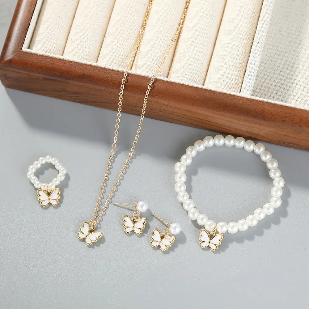 White Pearl & Butterfly Jewelry Set – Necklace, Earrings, Bracelet & Ring