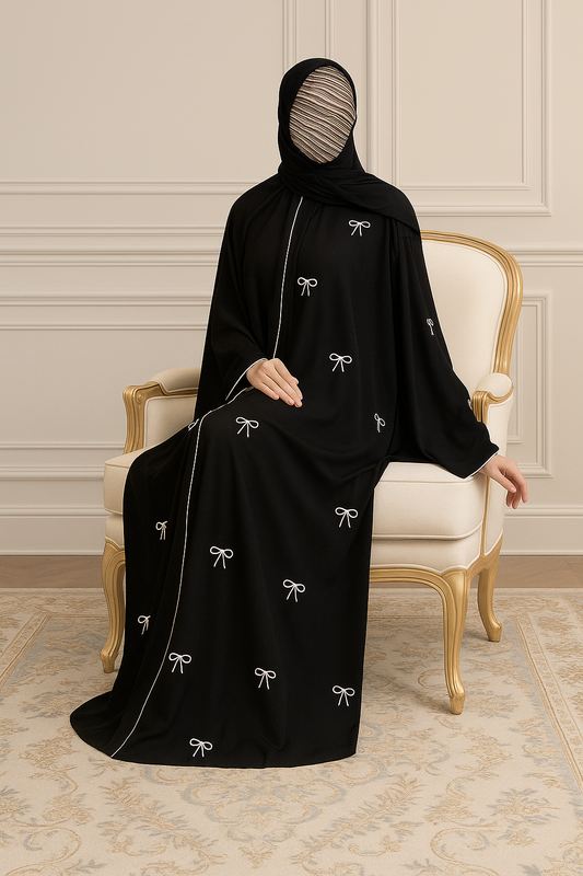 🖤 Elegant Black Abaya with Delicate Bow Embroidery